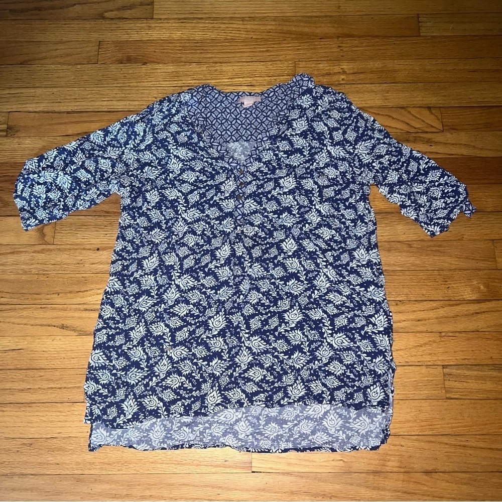 St. Tropez West Blouse Womens large Roll Tab Sleeve Pockets V Neck Blue